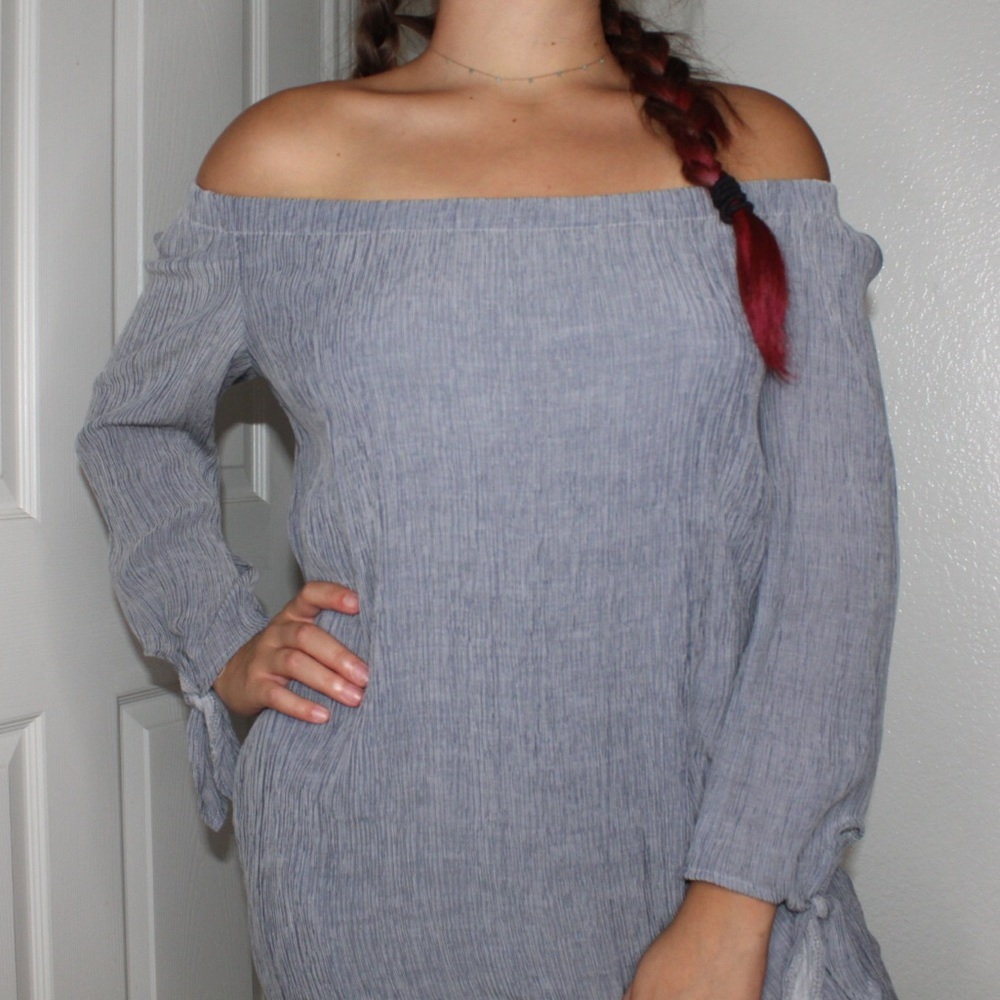 Off the shoulder, long sleeve blue, ribbed, dress
